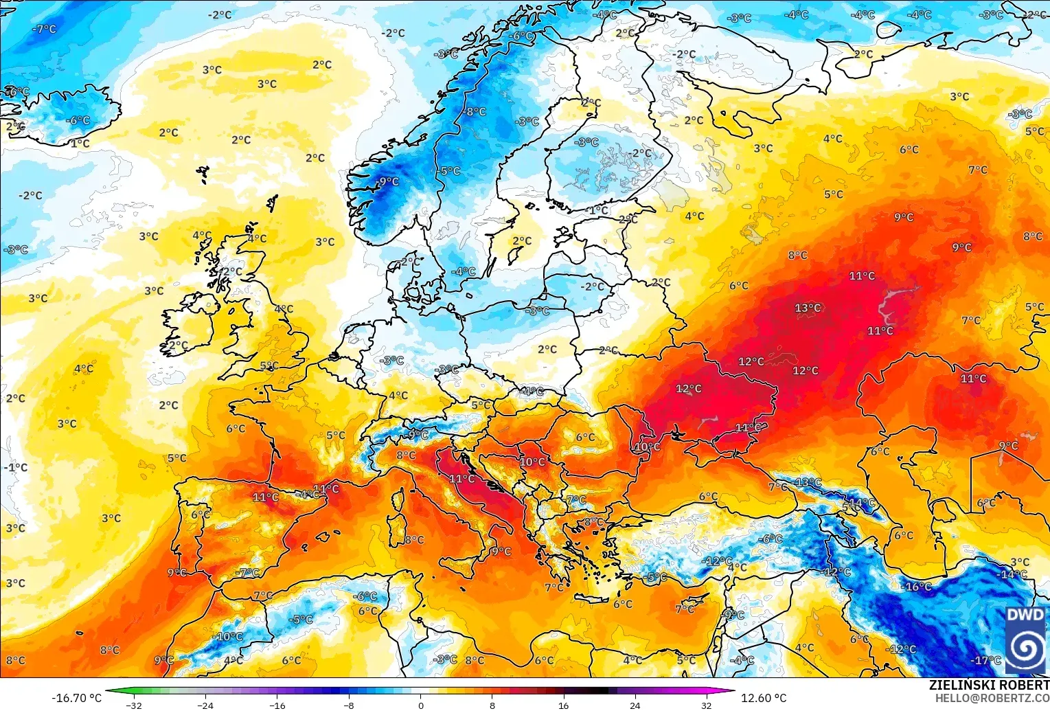 ICON modelo - Europe, Temperature at 850hPa Anomaly