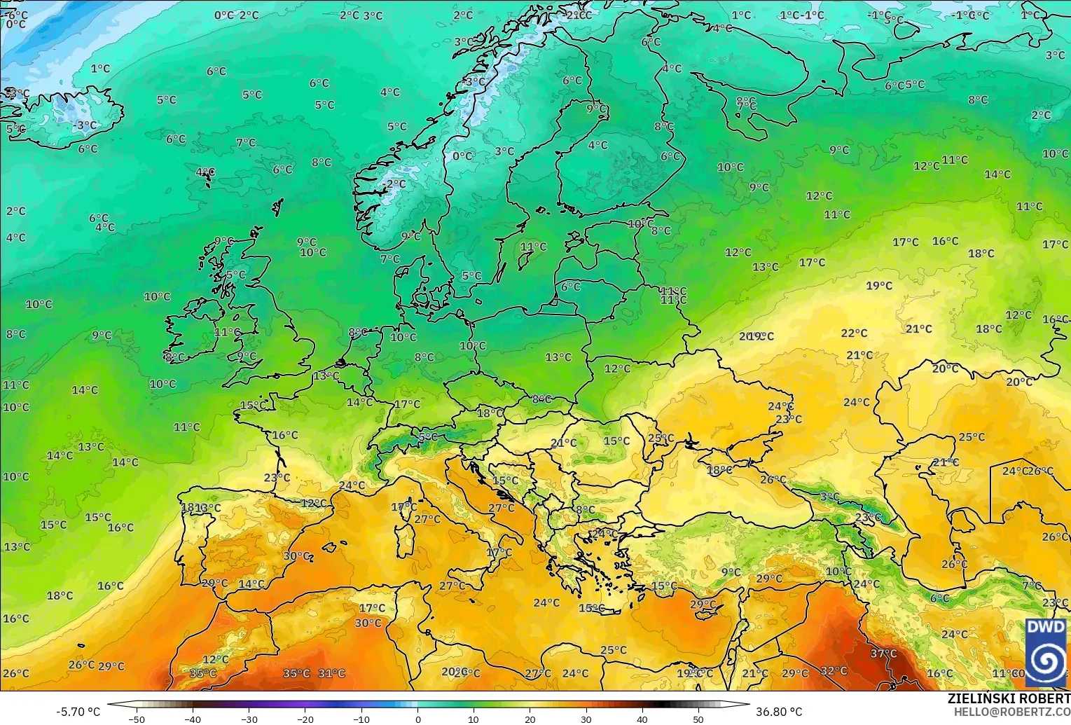 ICON modelo - Europe, Temperature at 850hPa