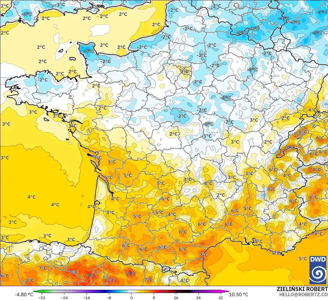 ICON modelo - France, Temperature at 2m Anomaly