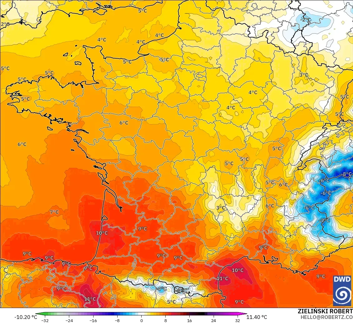 ICON modelo - France, Temperature at 850hPa Anomaly