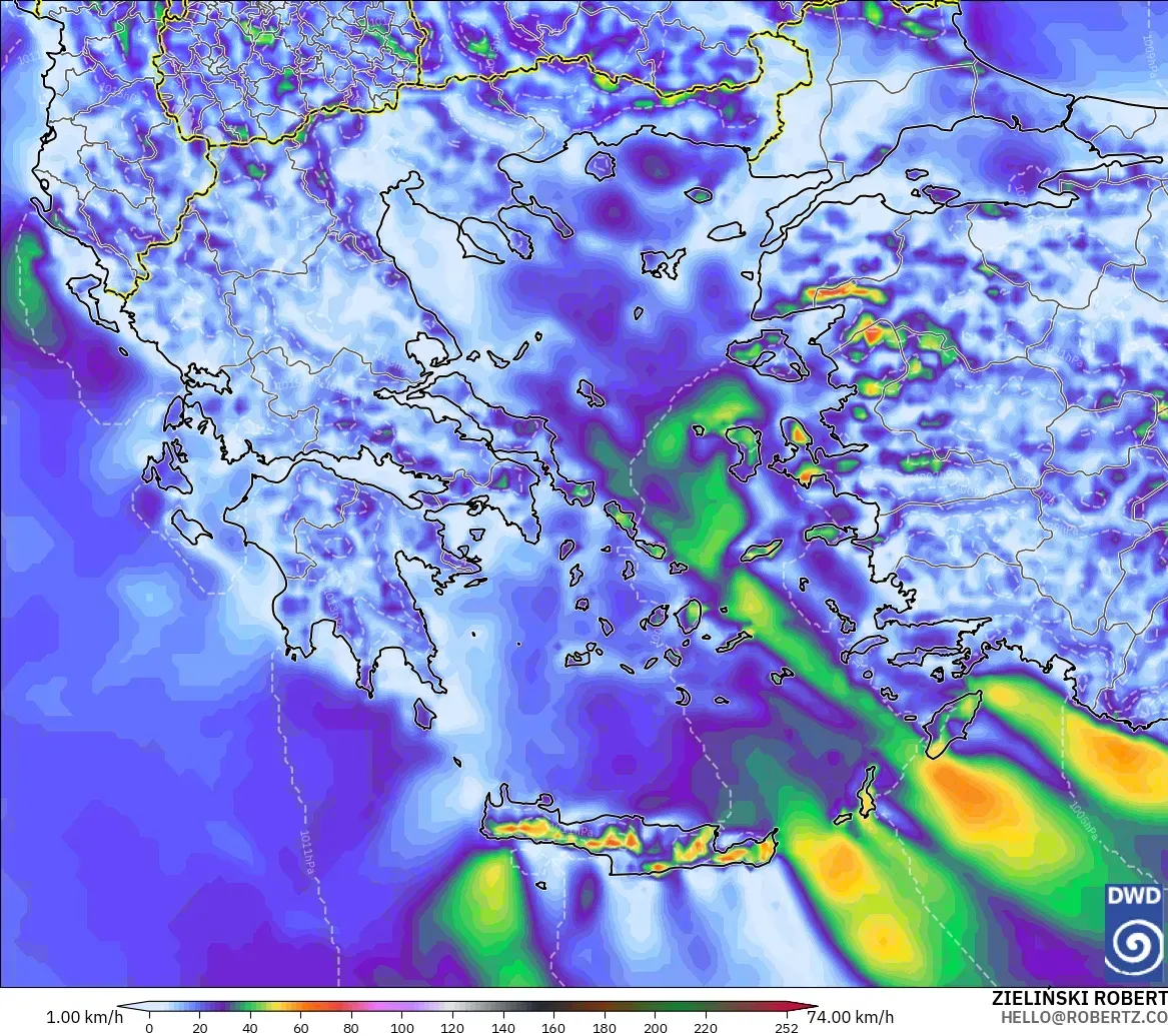 ICON modelo - Greece, Wind Gusts Peak