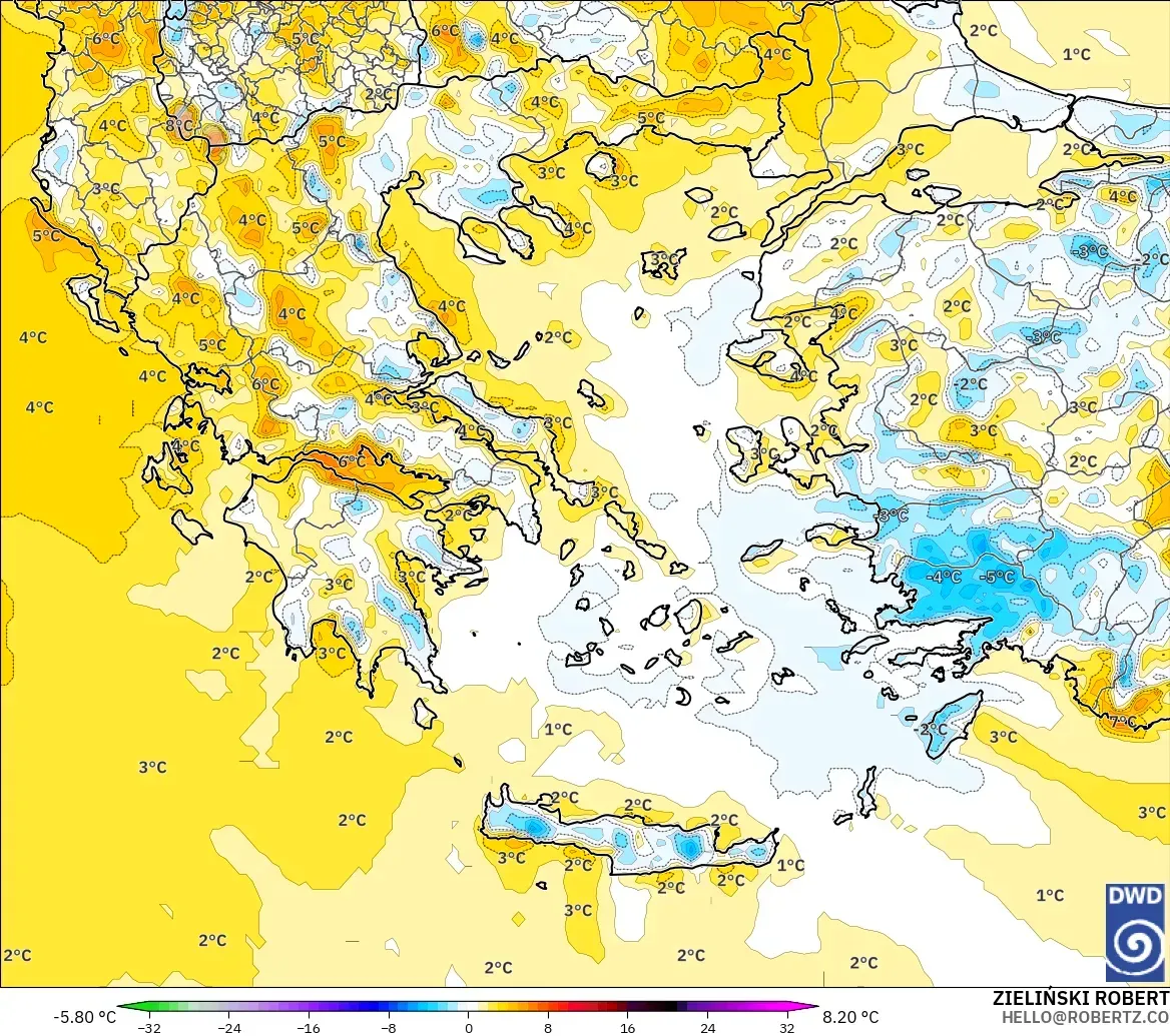ICON modelo - Greece, Temperature at 2m Anomaly