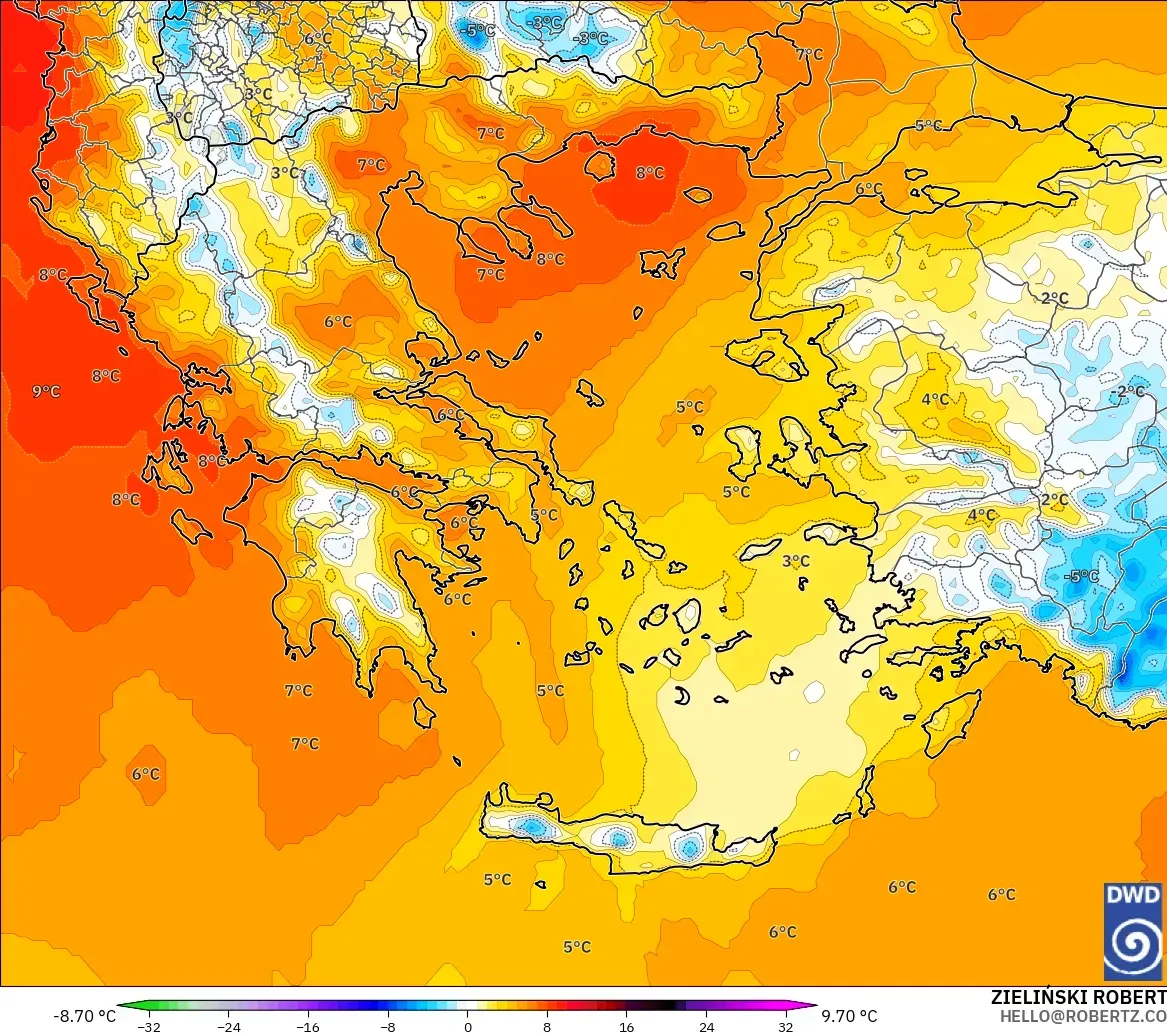 ICON modelo - Greece, Temperature at 850hPa Anomaly