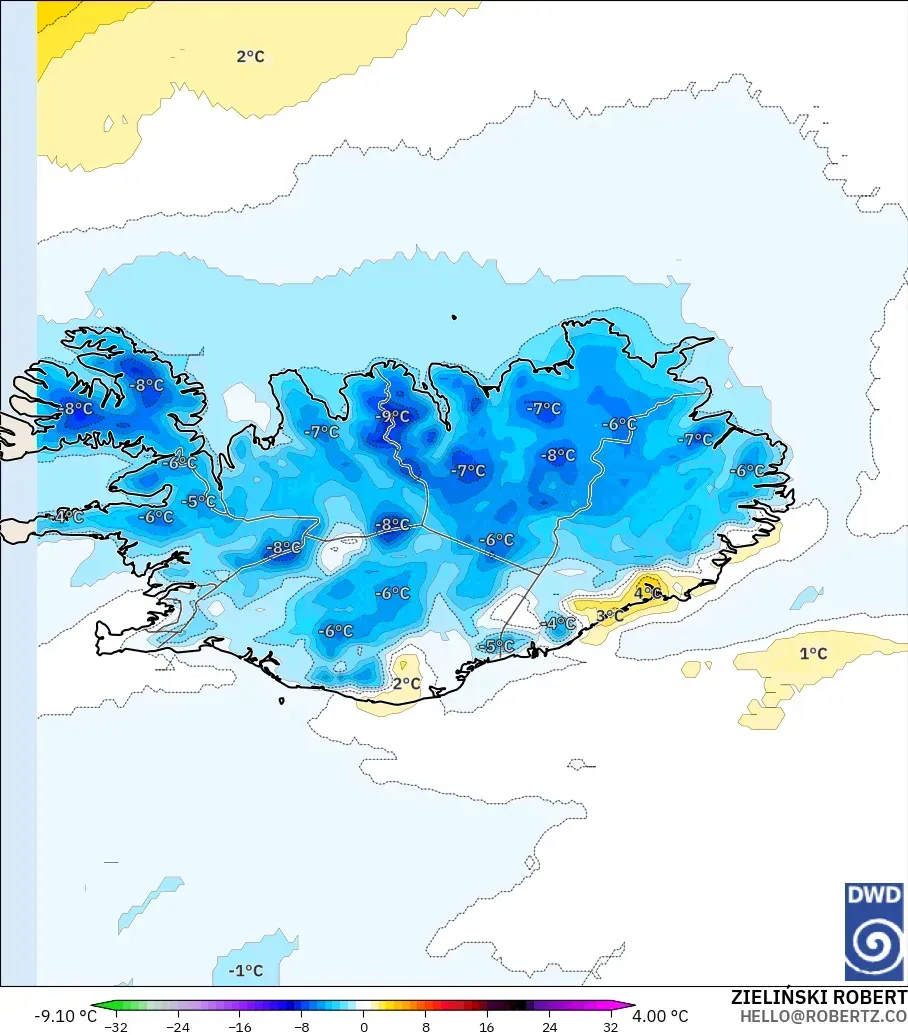 ICON modelo - Iceland, Temperature at 2m Anomaly