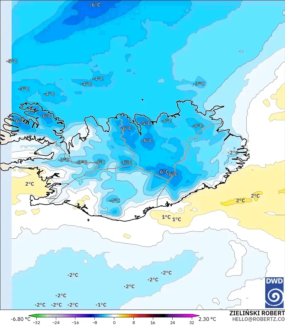 ICON modelo - Iceland, Temperature at 850hPa Anomaly