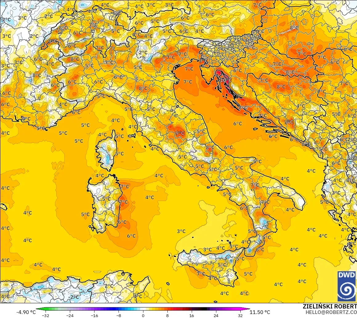 ICON modelo - Italy, Temperature at 2m Anomaly