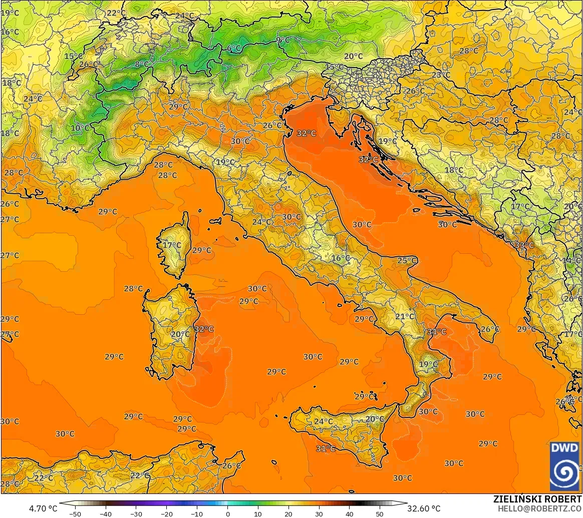 ICON modelo - Italy, Temperature at 2m
