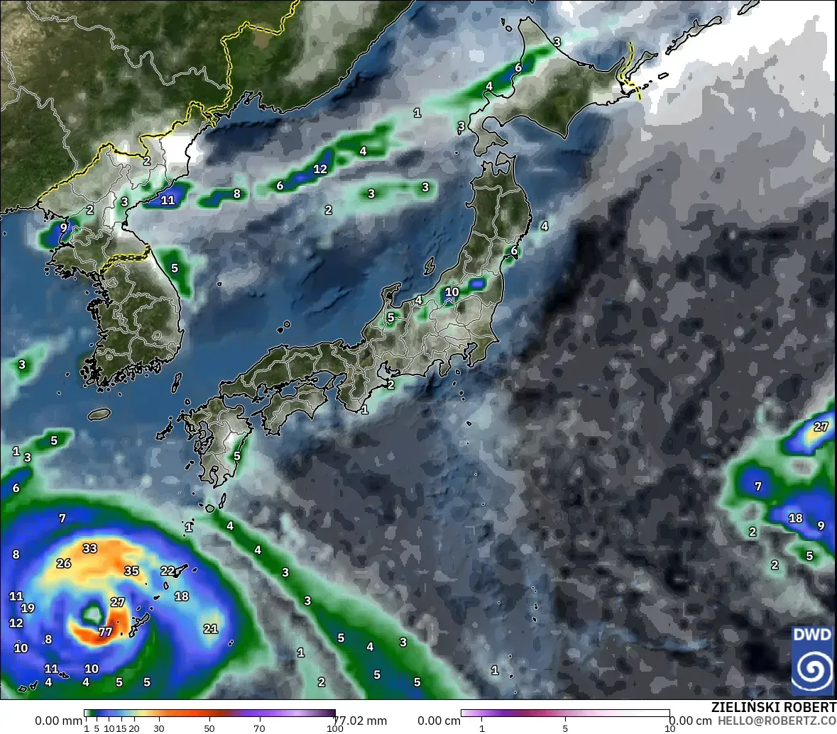 ICON modelo - Japan, Precipitation, Clouds, and Pressure