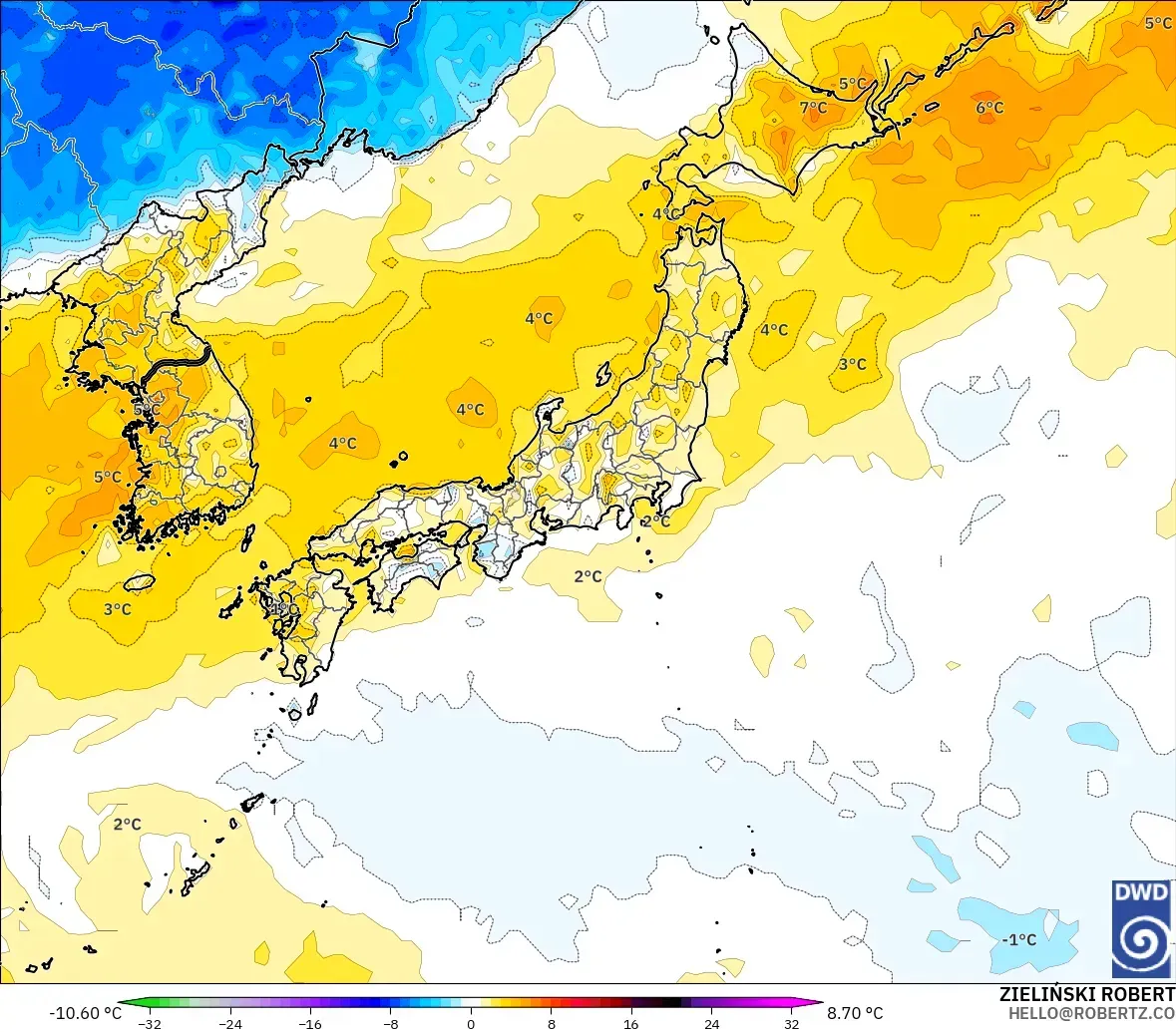 ICON modelo - Japan, Temperature at 2m Anomaly