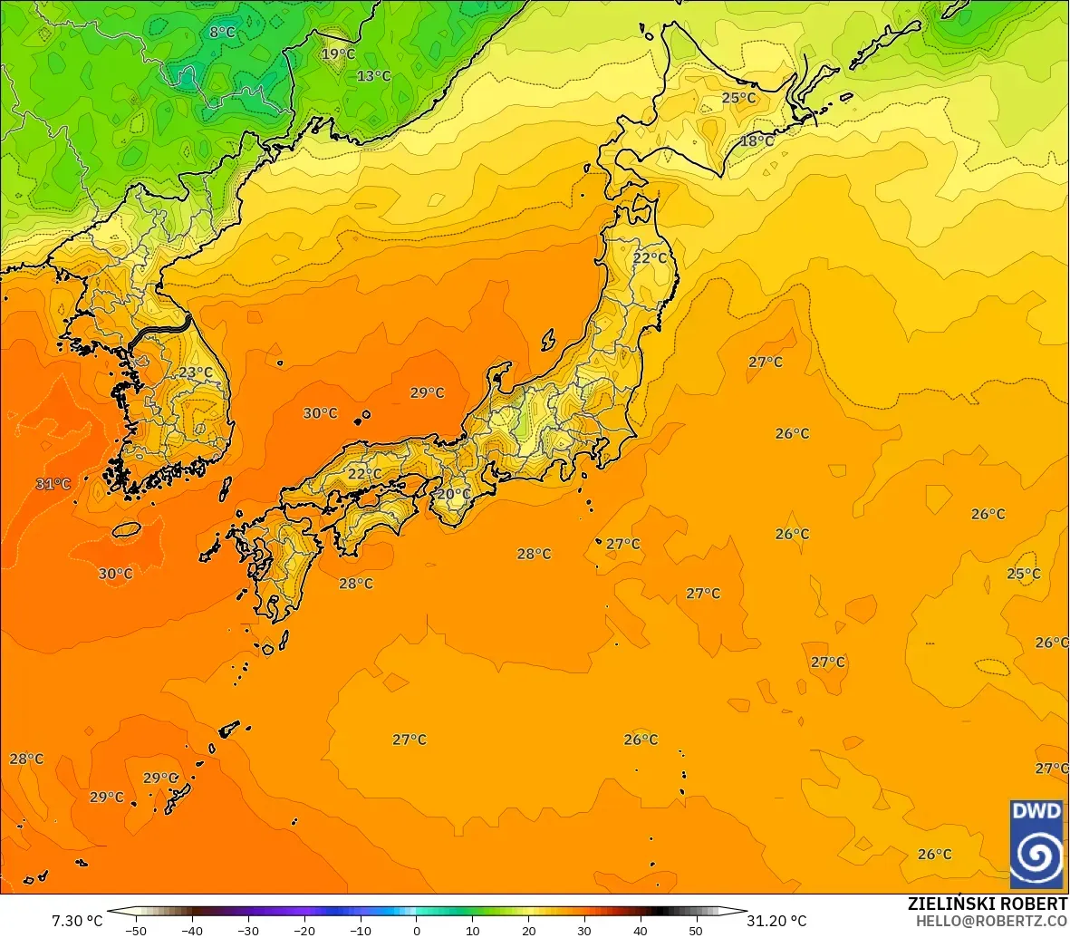 ICON modelo - Japan, Temperature at 2m