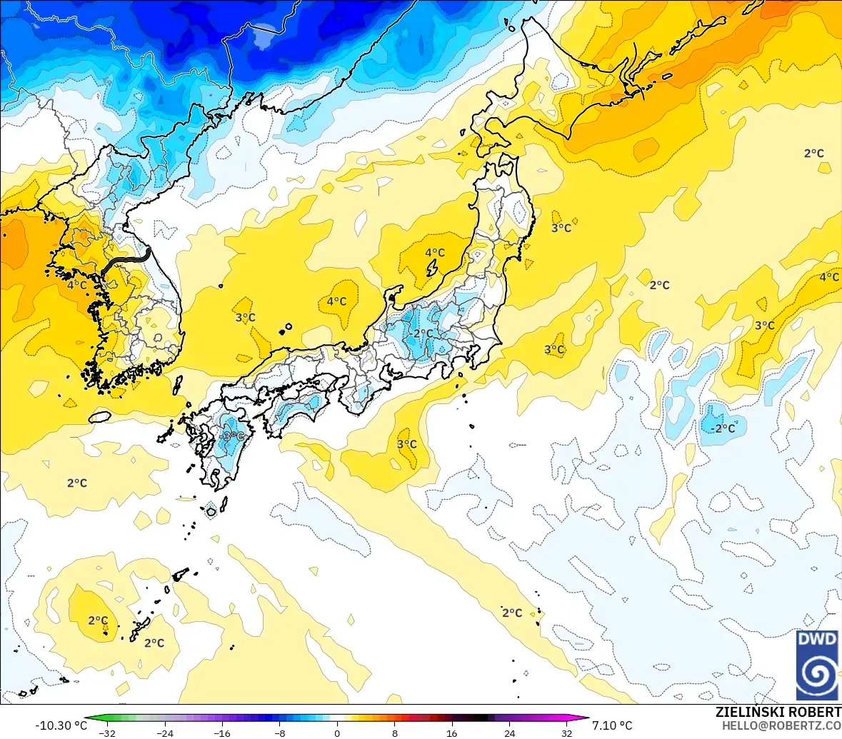 ICON modelo - Japan, Temperature at 850hPa Anomaly