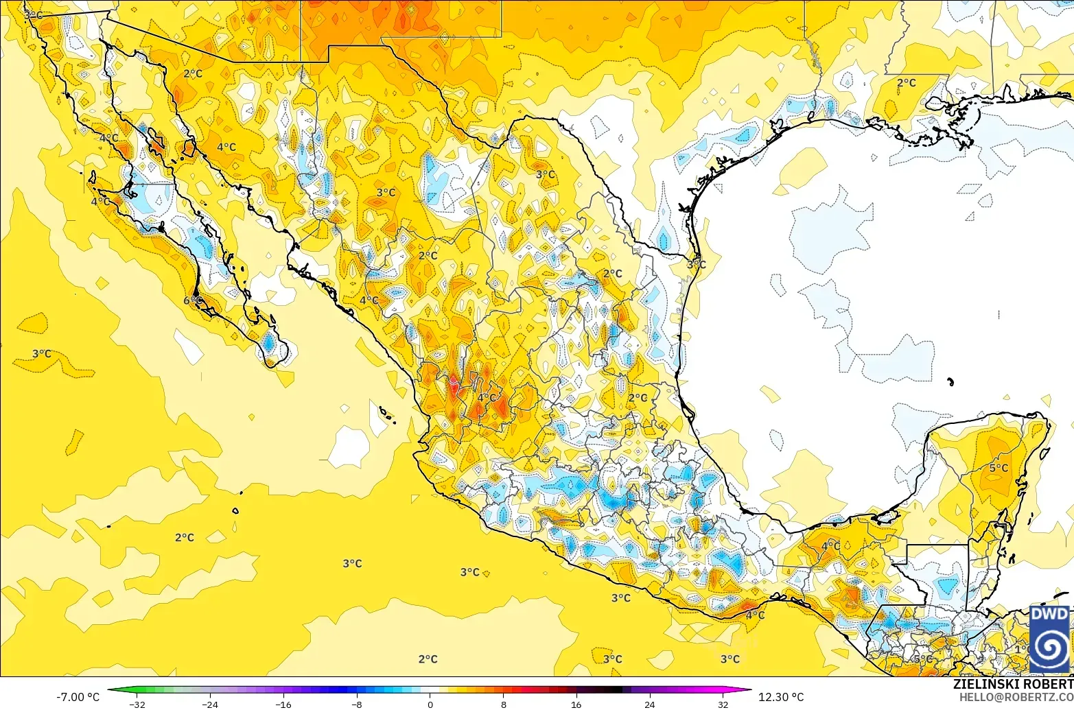 ICON modelo - Mexico, Temperature at 2m Anomaly