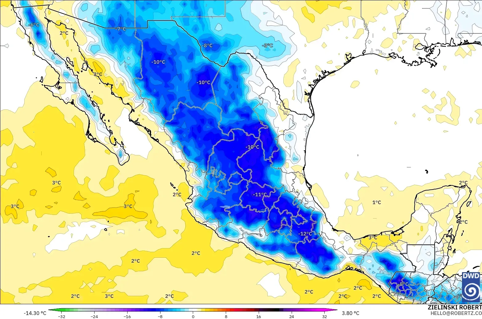 ICON modelo - Mexico, Temperature at 850hPa Anomaly