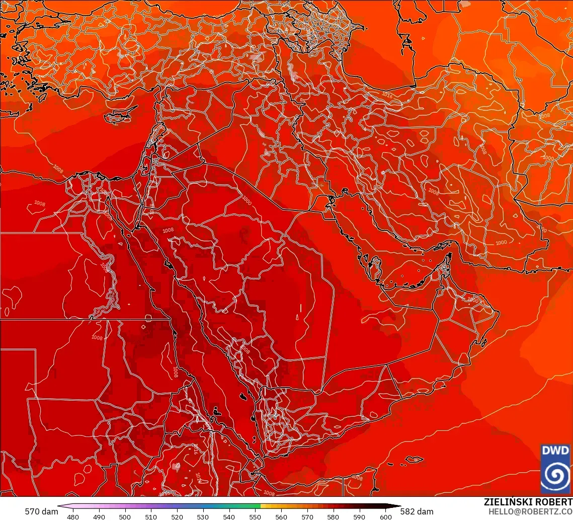 ICON modelo - Middle East, Geopotential height at 500hPa