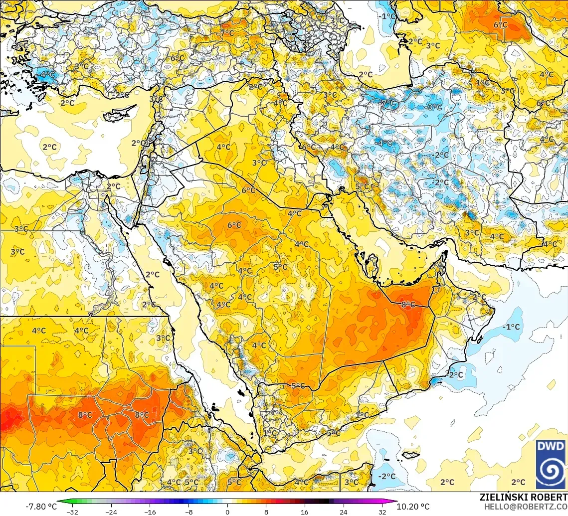 ICON modelo - Middle East, Temperature at 2m Anomaly