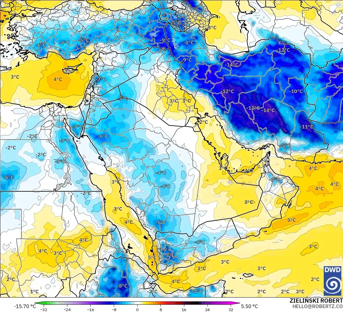 ICON modelo - Middle East, Temperature at 850hPa Anomaly