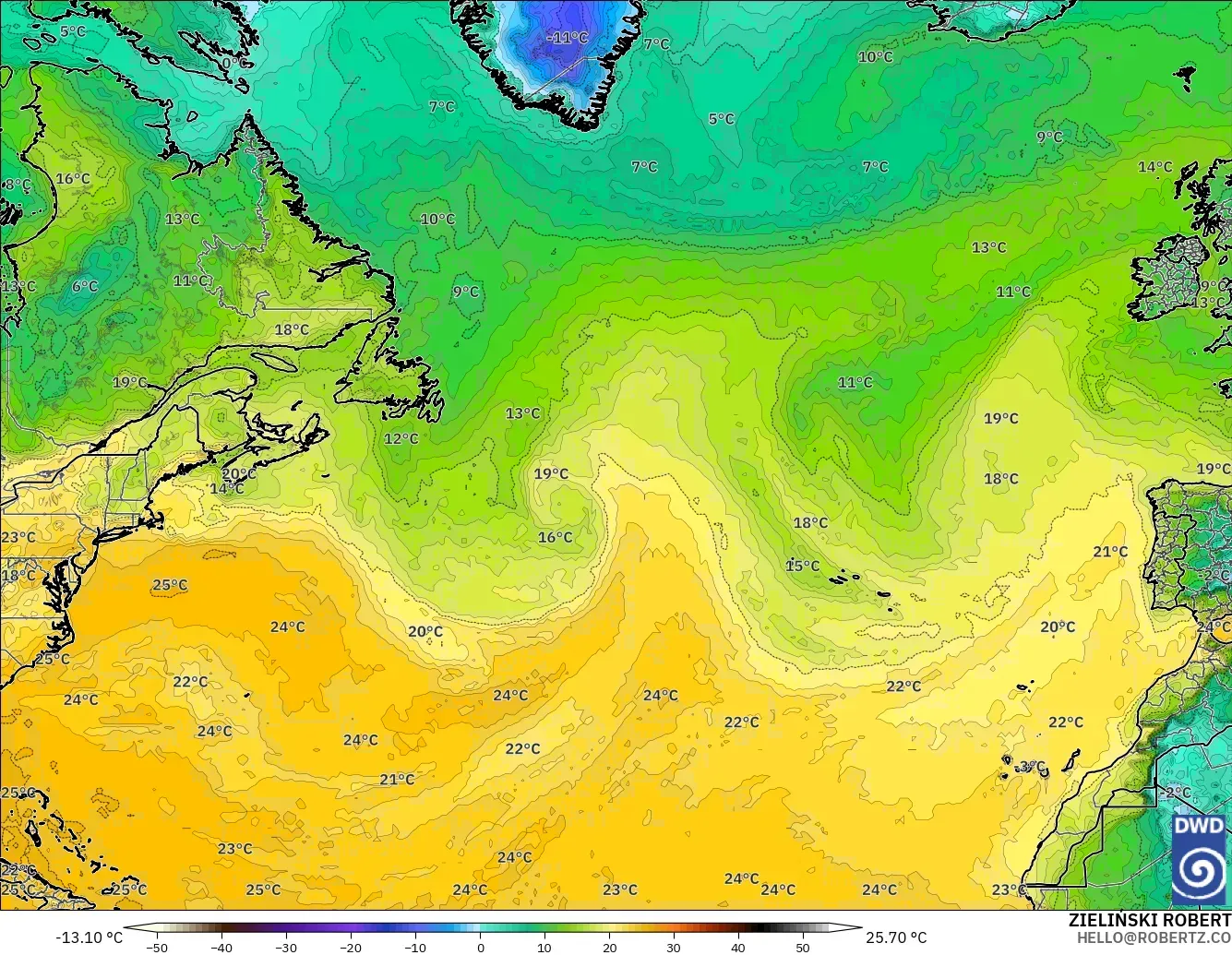 ICON modelo - North Atlantic, Dewpoint at 2m