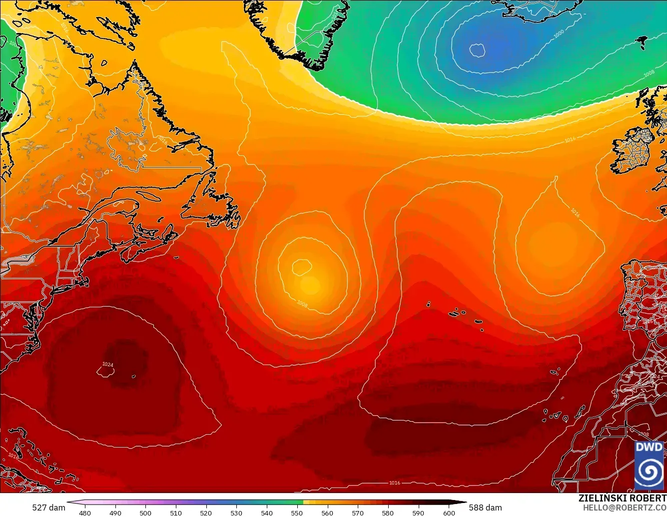 ICON modelo - North Atlantic, Geopotential height at 500hPa
