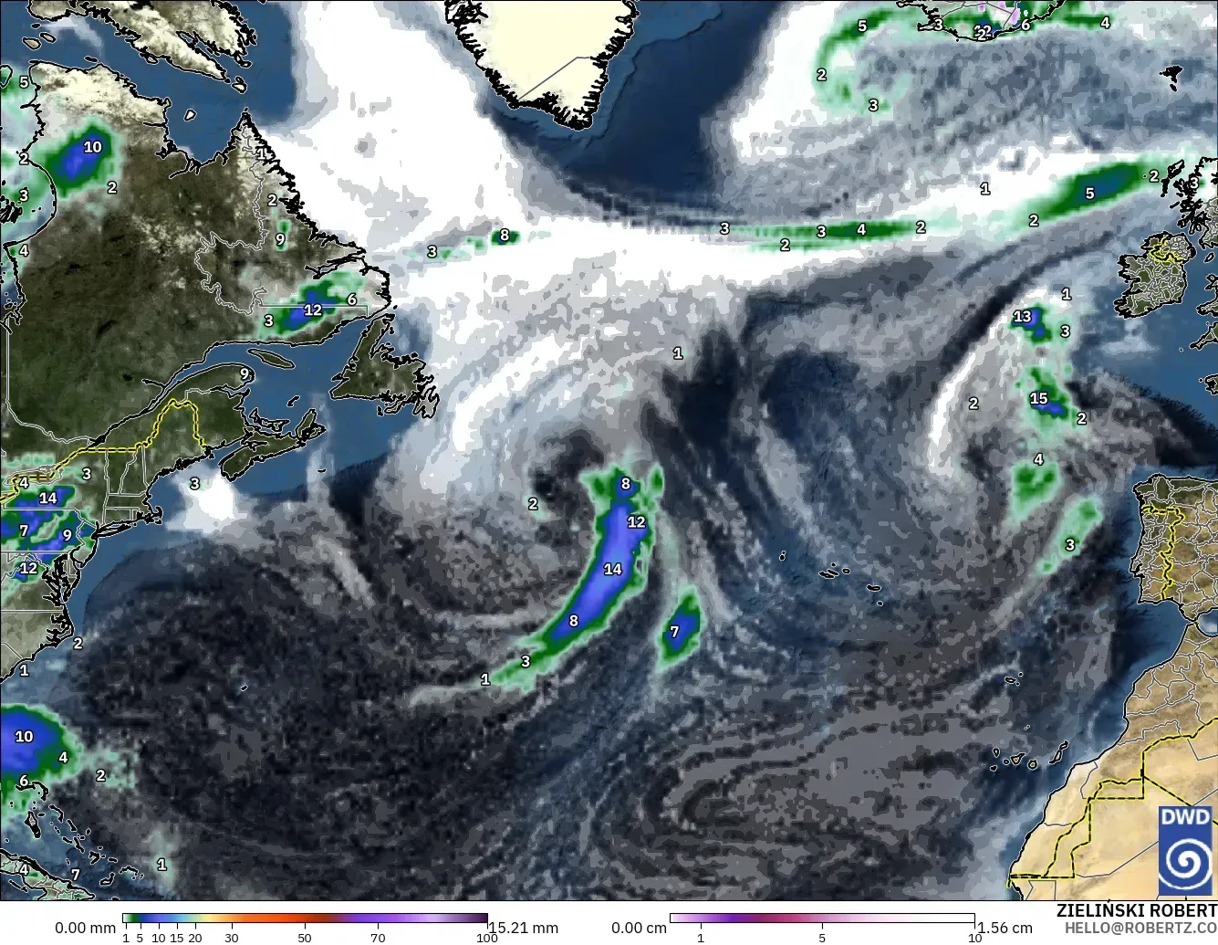 ICON modelo - North Atlantic, Precipitation, Clouds, and Pressure