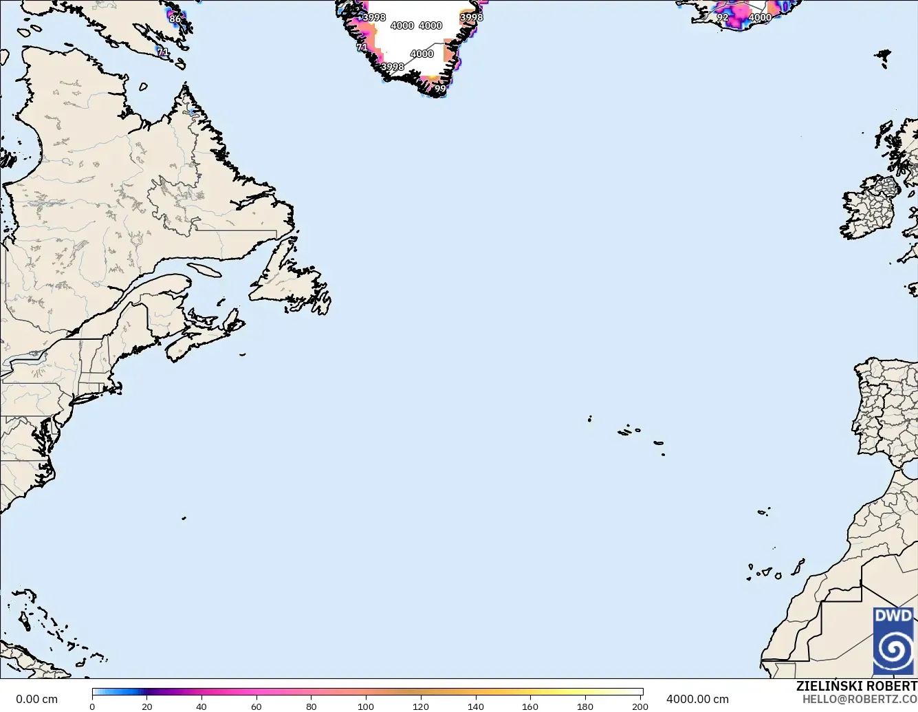 ICON modelo - North Atlantic, Snow Depth