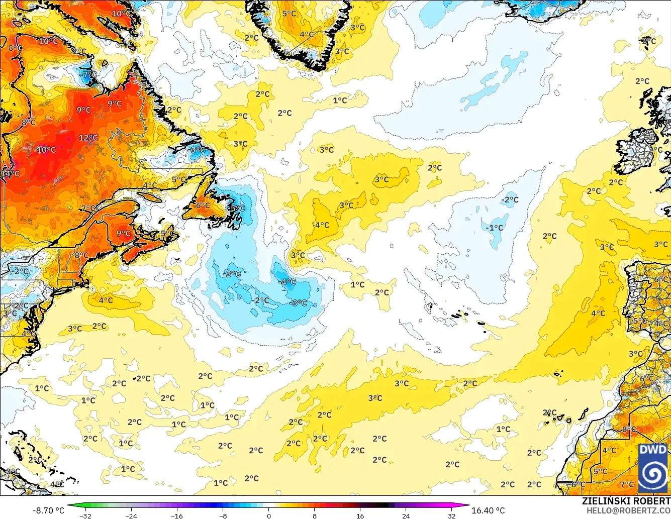 ICON modelo - North Atlantic, Temperature at 2m Anomaly