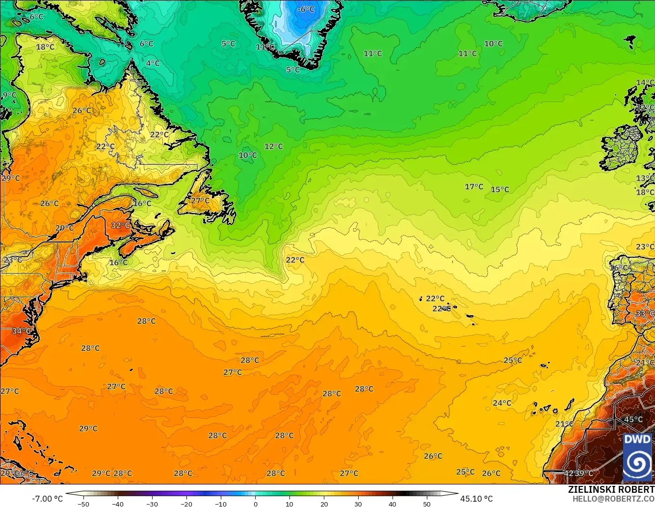 ICON modelo - North Atlantic, Temperature at 2m