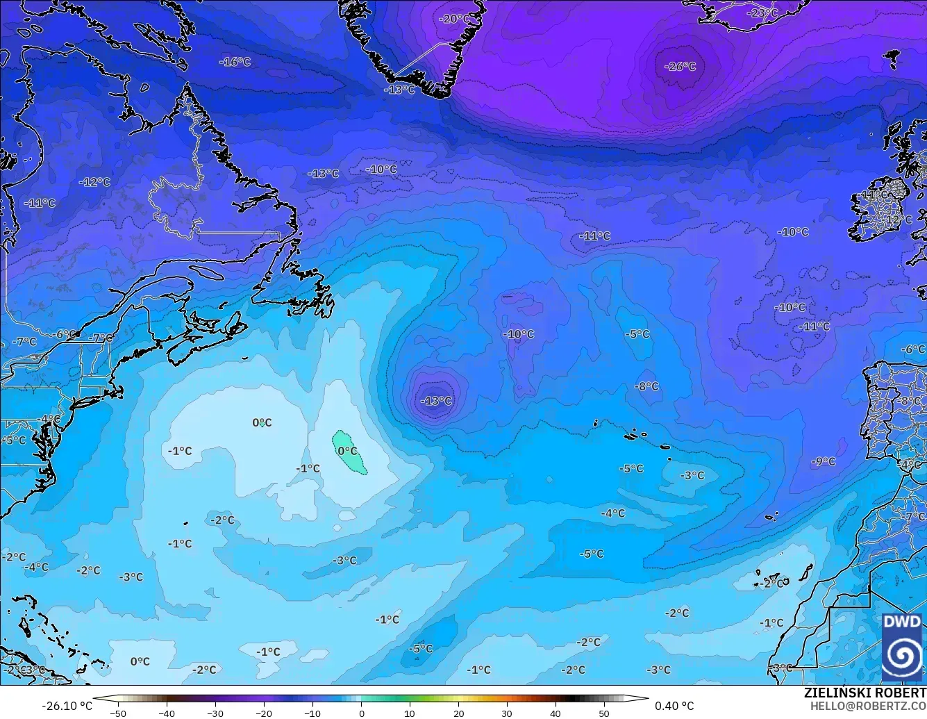 ICON modelo - North Atlantic, Temperature at 500hPa