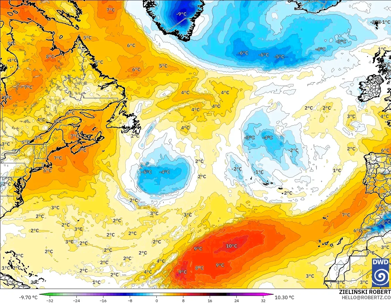ICON modelo - North Atlantic, Temperature at 850hPa Anomaly