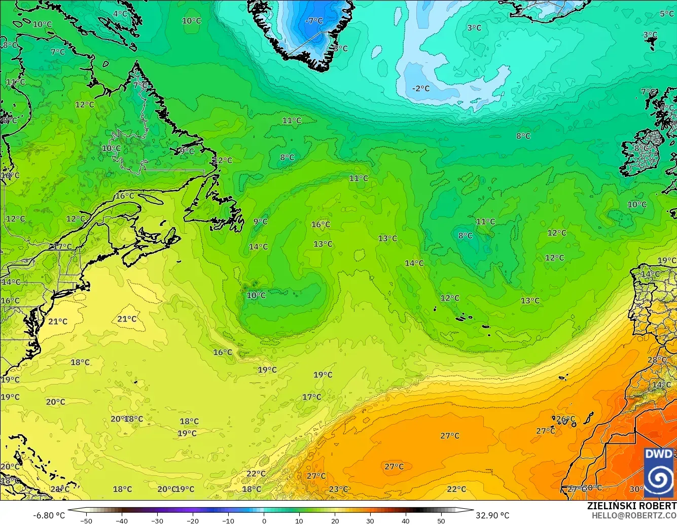 ICON modelo - North Atlantic, Temperature at 850hPa