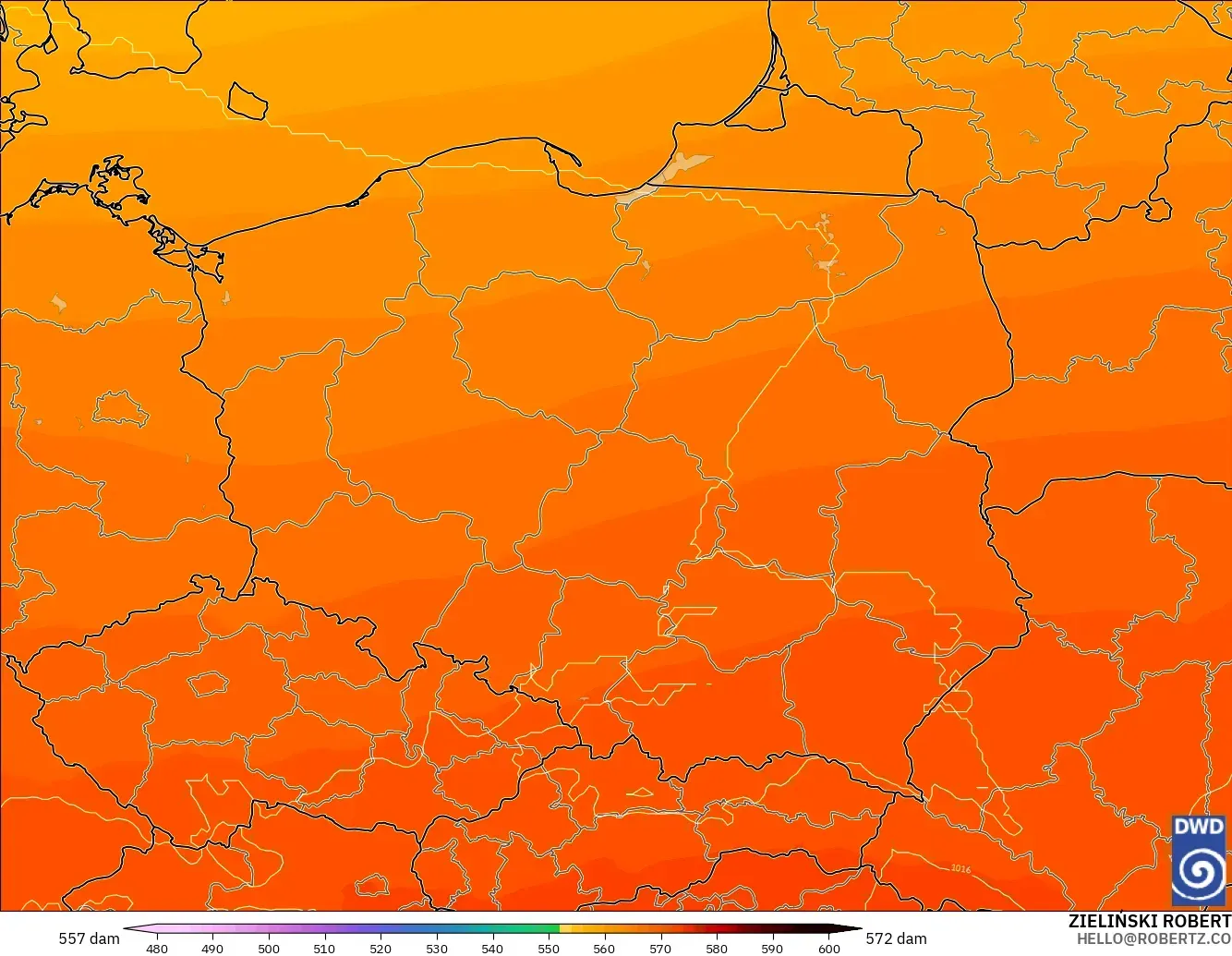 ICON modelo - Poland, Geopotential height at 500hPa