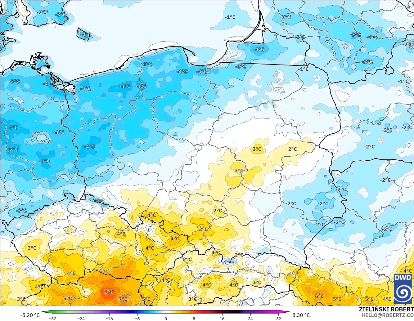 ICON modelo - Poland, Temperature at 2m Anomaly