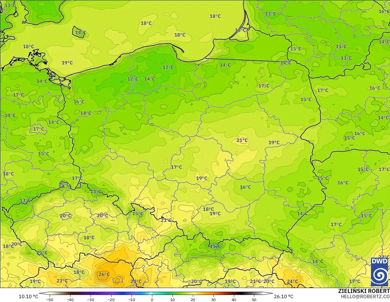 ICON modelo - Poland, Temperature at 2m