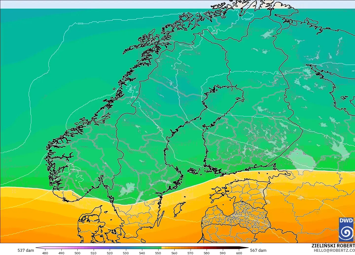 ICON modelo - Scandinavia, Geopotential height at 500hPa