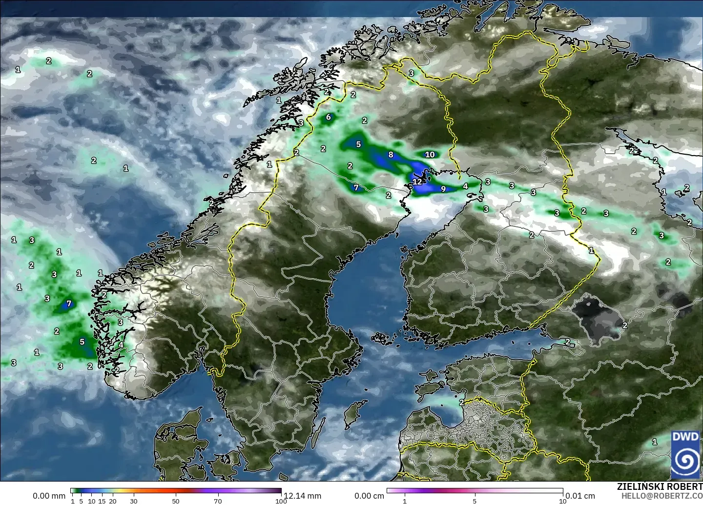 ICON modelo - Scandinavia, Precipitation, Clouds, and Pressure