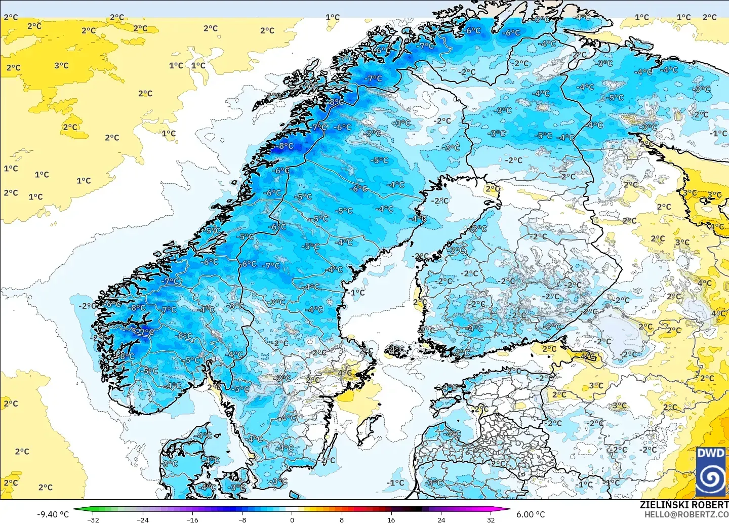 ICON modelo - Scandinavia, Temperature at 2m Anomaly