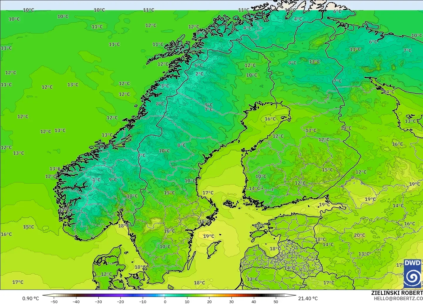 ICON modelo - Scandinavia, Temperature at 2m