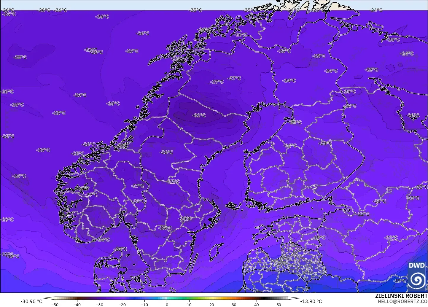 ICON modelo - Scandinavia, Temperature at 500hPa