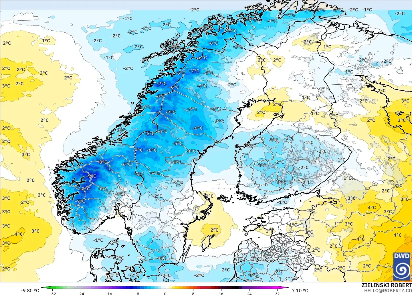 ICON modelo - Scandinavia, Temperature at 850hPa Anomaly
