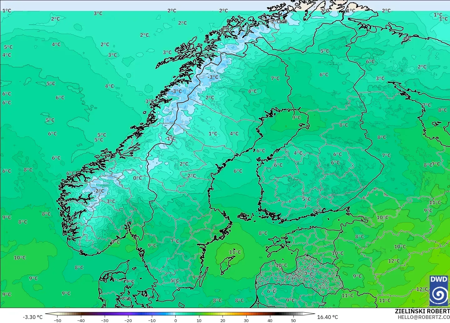 ICON modelo - Scandinavia, Temperature at 850hPa