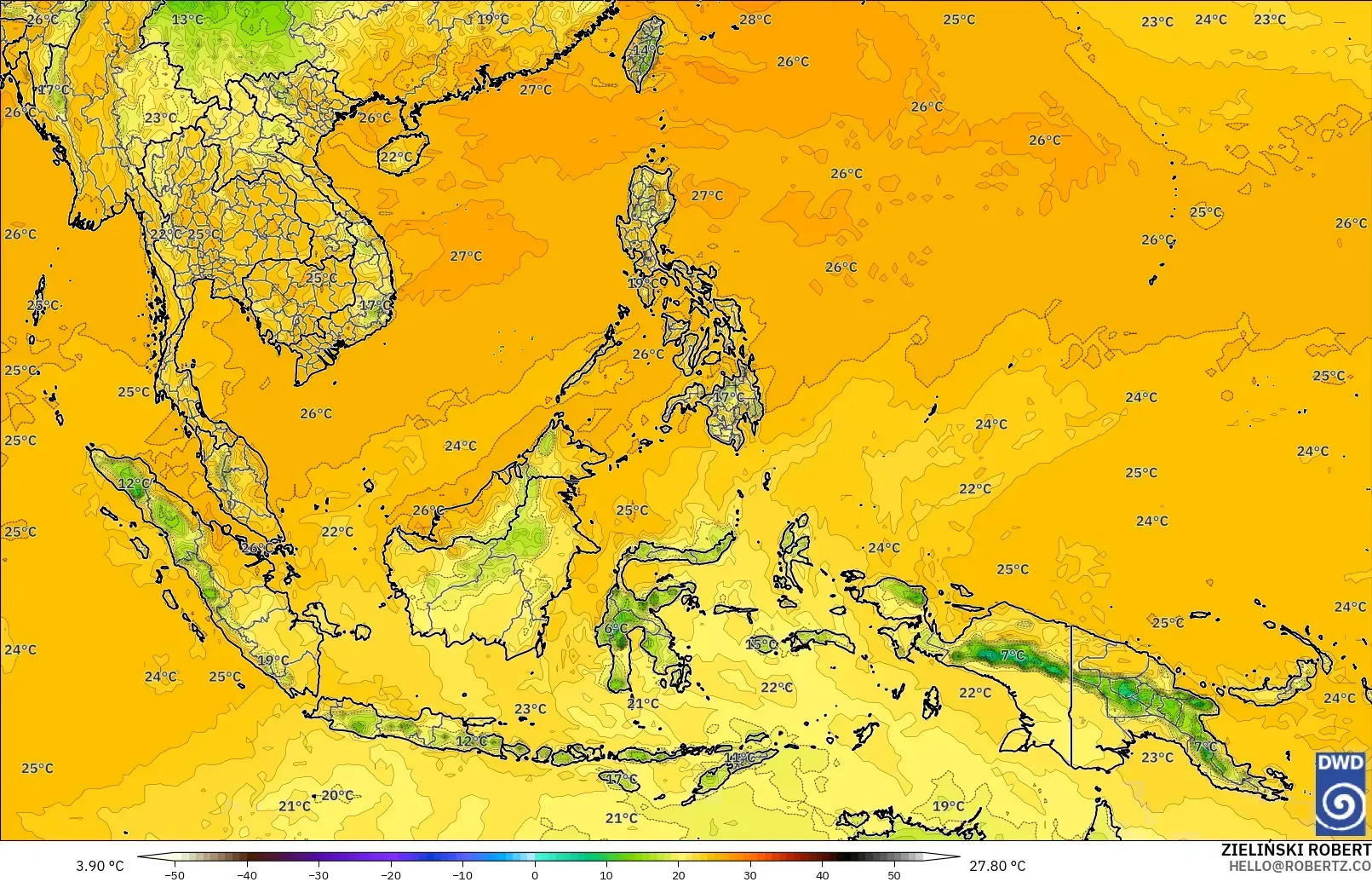 ICON modelo - South East Asia, Dewpoint at 2m