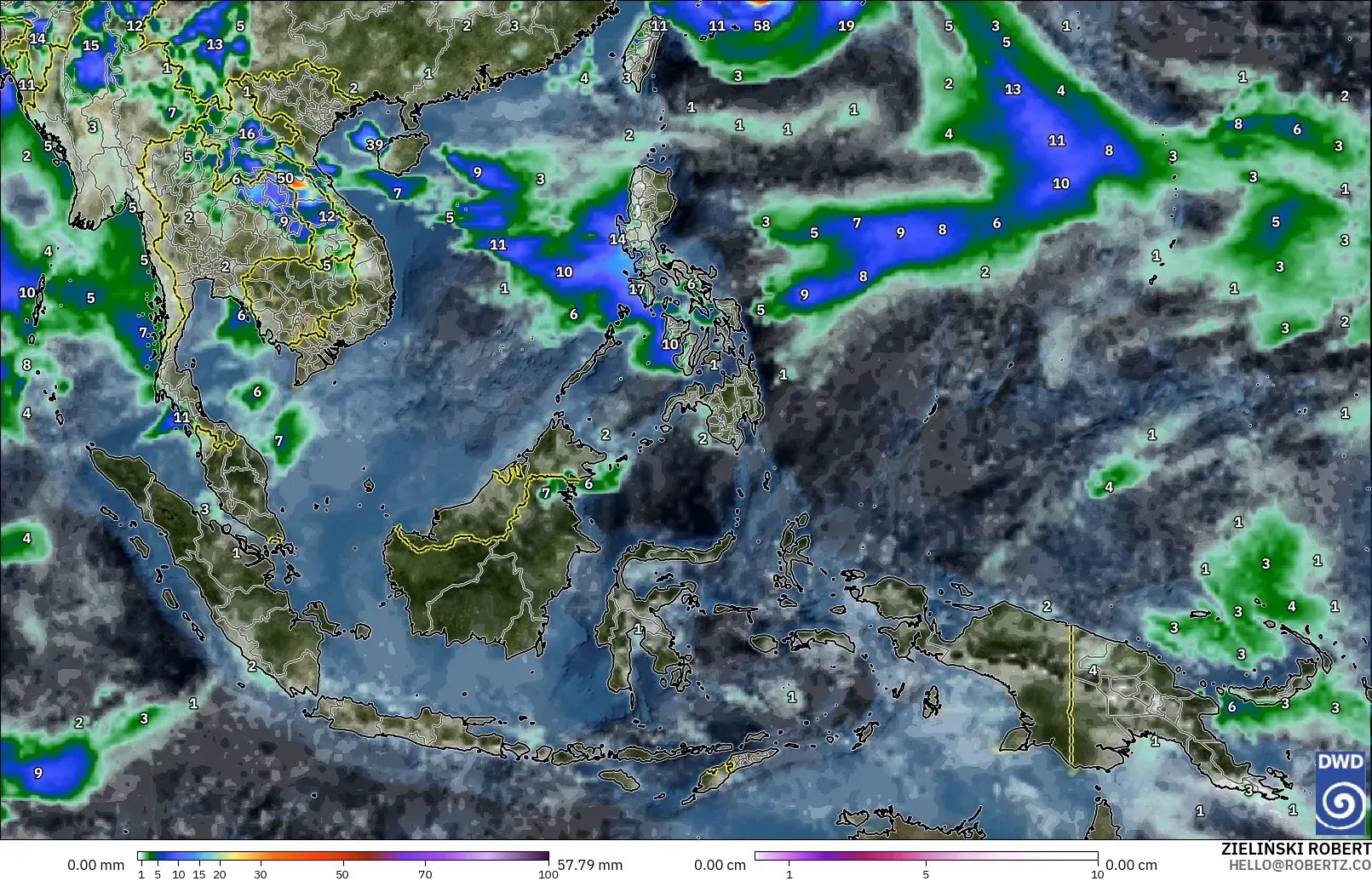 ICON modelo - South East Asia, Precipitation, Clouds, and Pressure