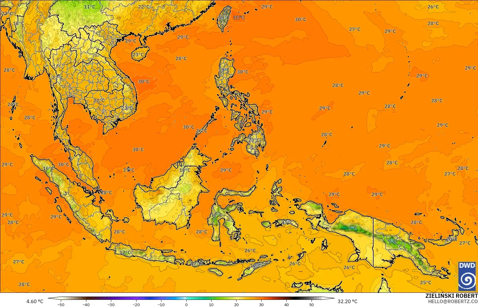 ICON modelo - South East Asia, Temperature at 2m