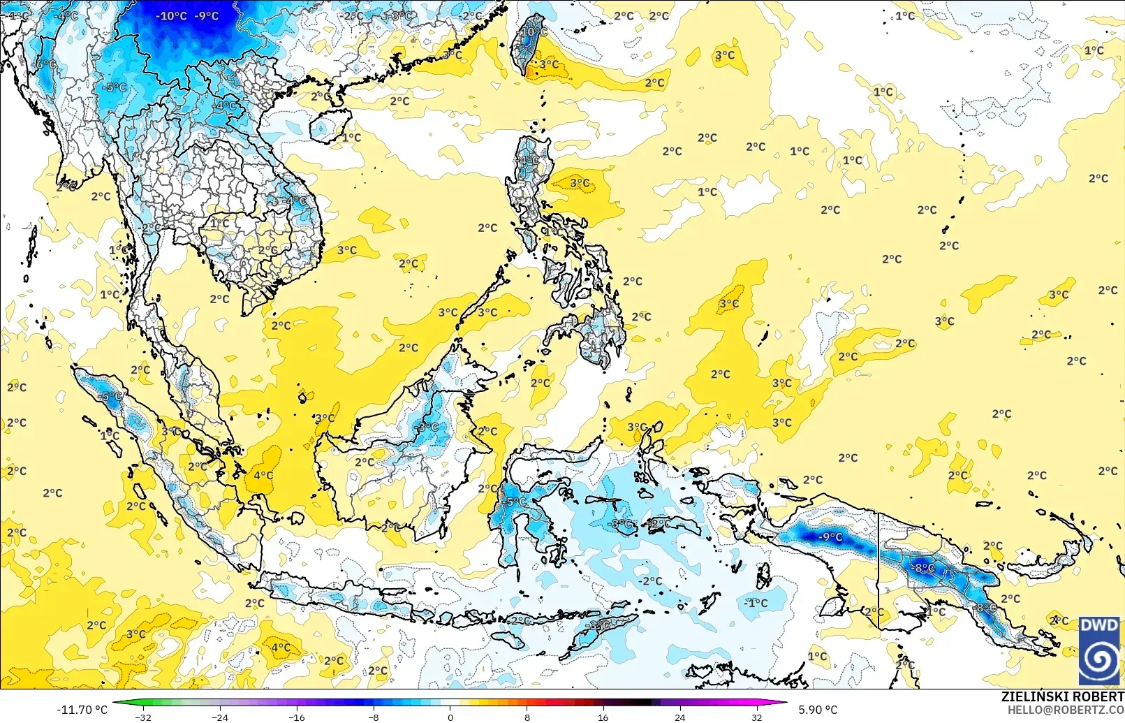 ICON modelo - South East Asia, Temperature at 850hPa Anomaly