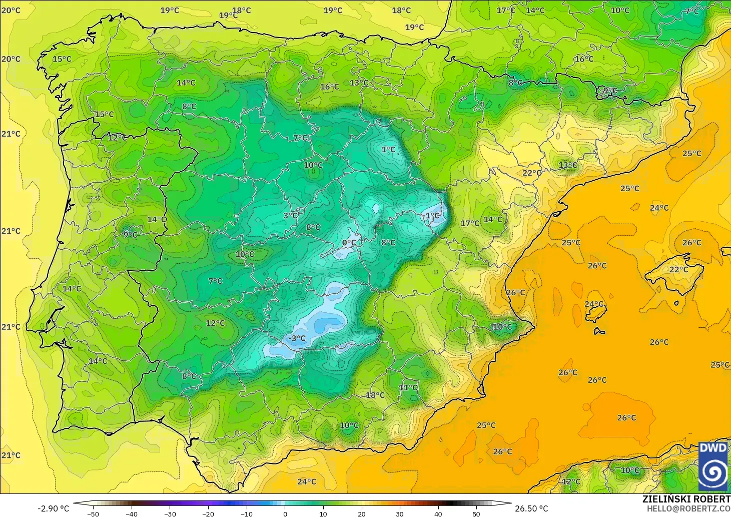 ICON modelo - Spain, Dewpoint at 2m