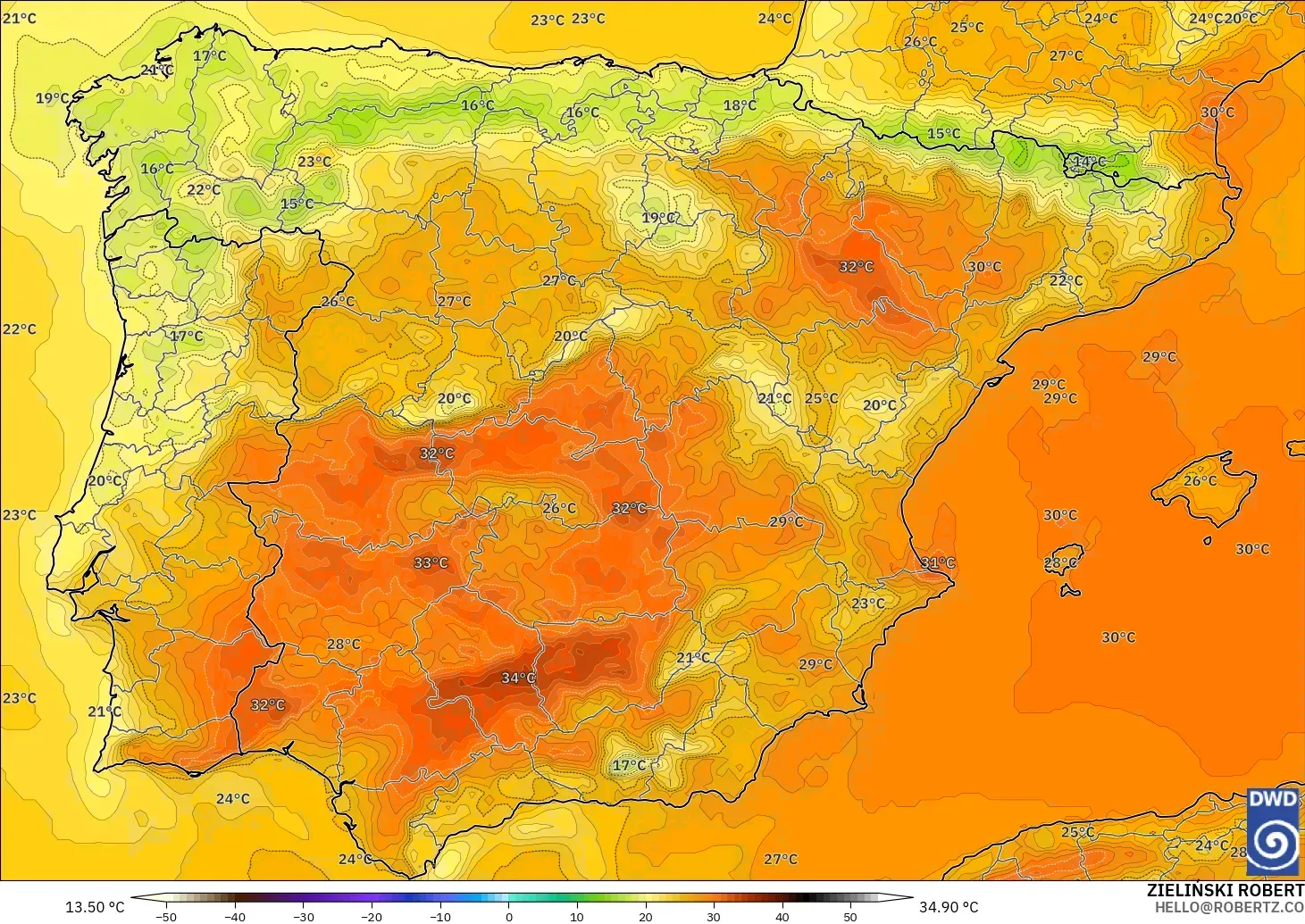 ICON modelo - Spain, Temperature at 2m