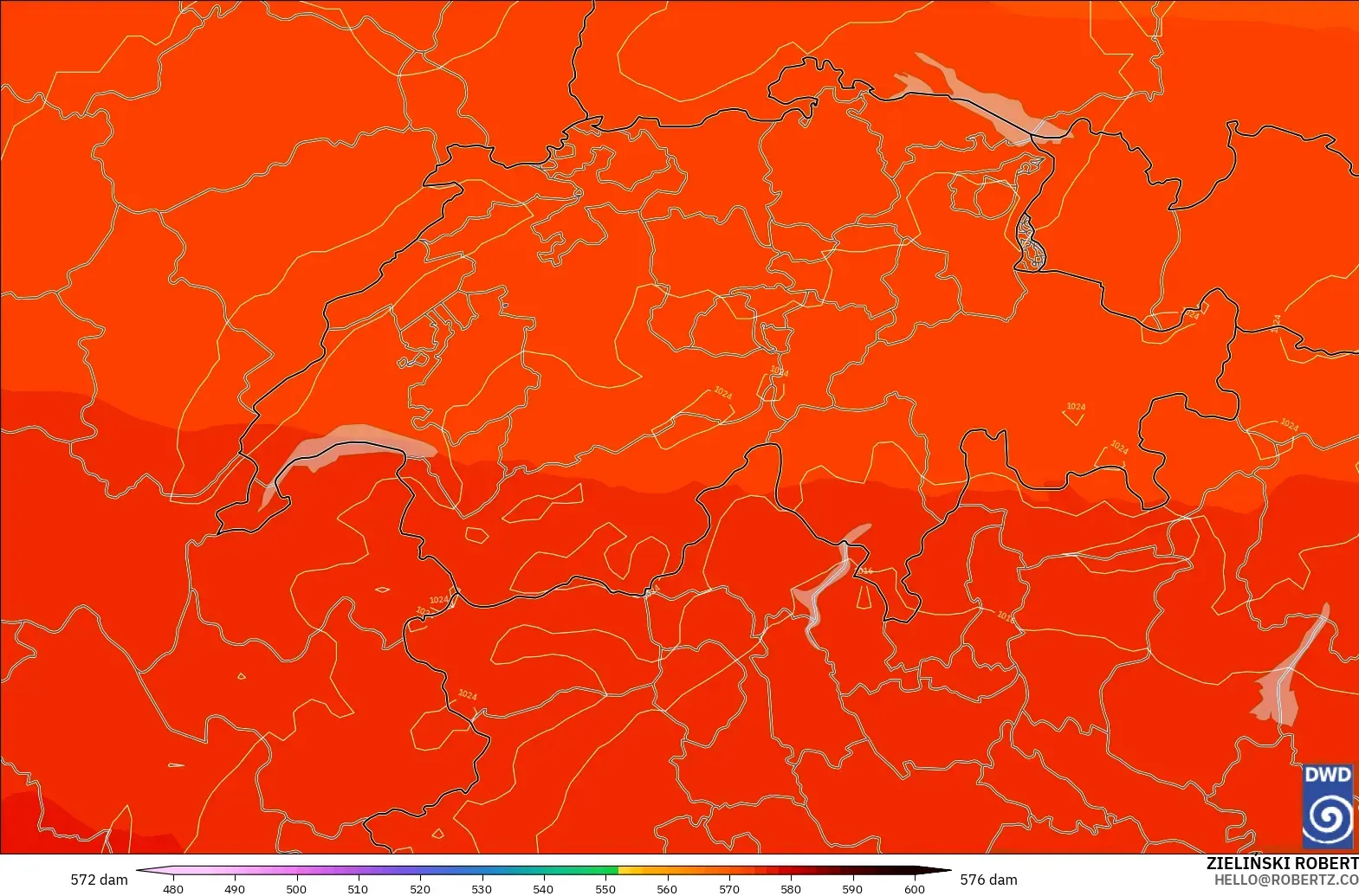 ICON modelo - Switzerland, Geopotential height at 500hPa