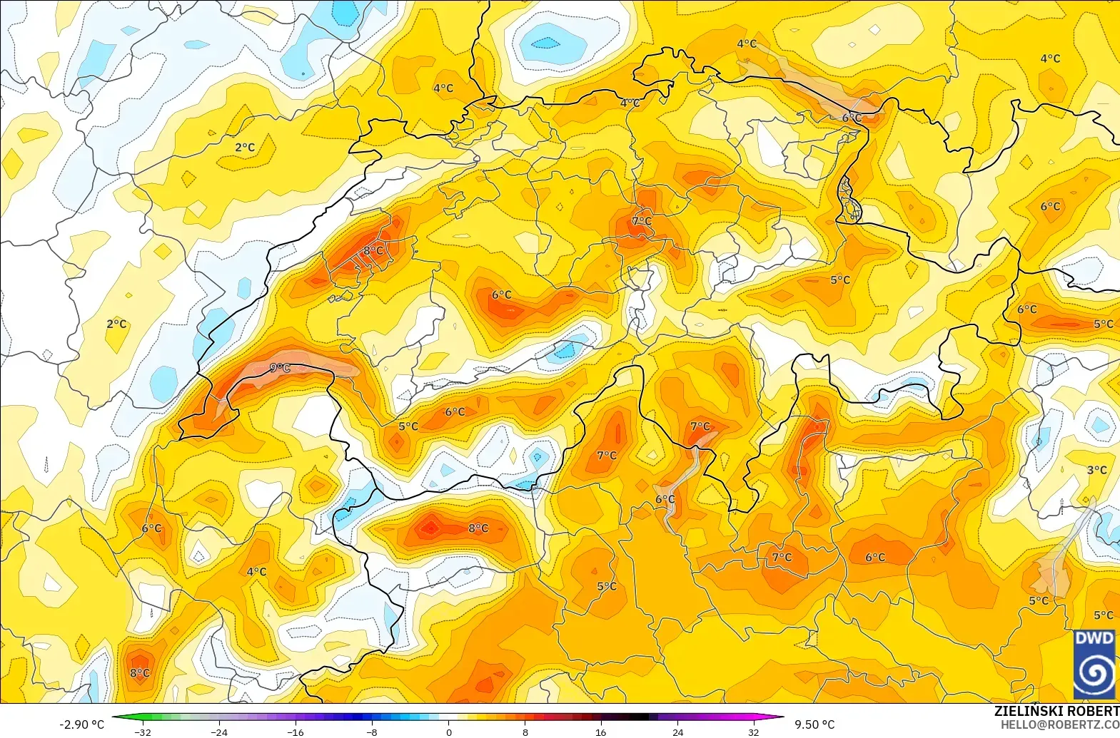 ICON modelo - Switzerland, Temperature at 2m Anomaly