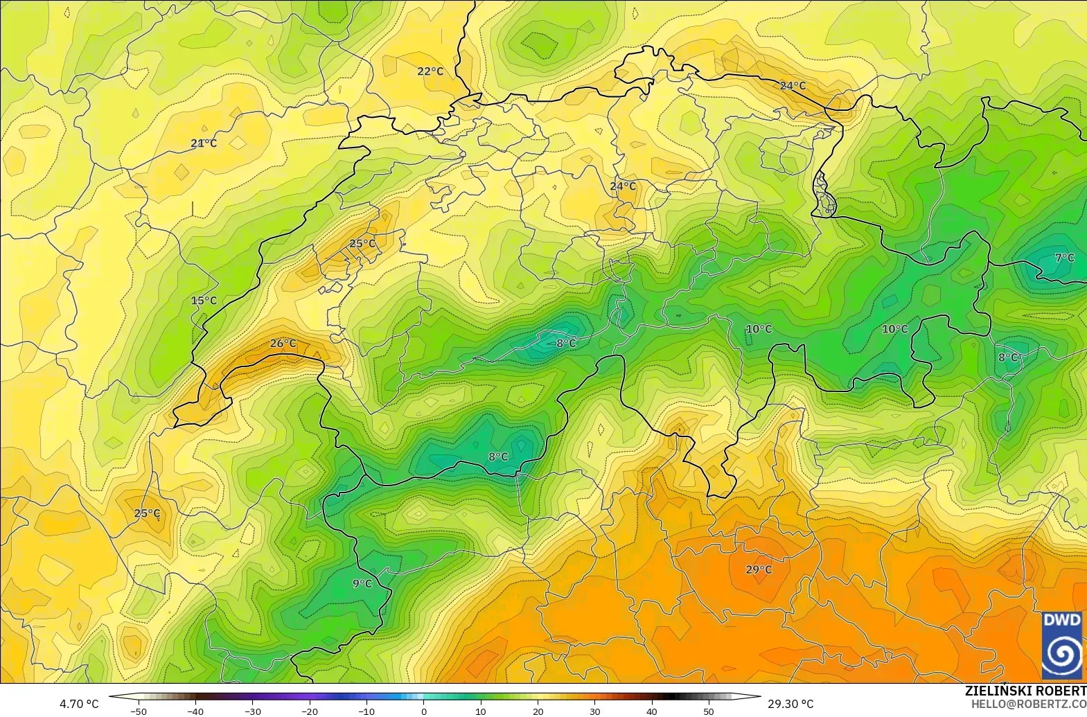 ICON modelo - Switzerland, Temperature at 2m