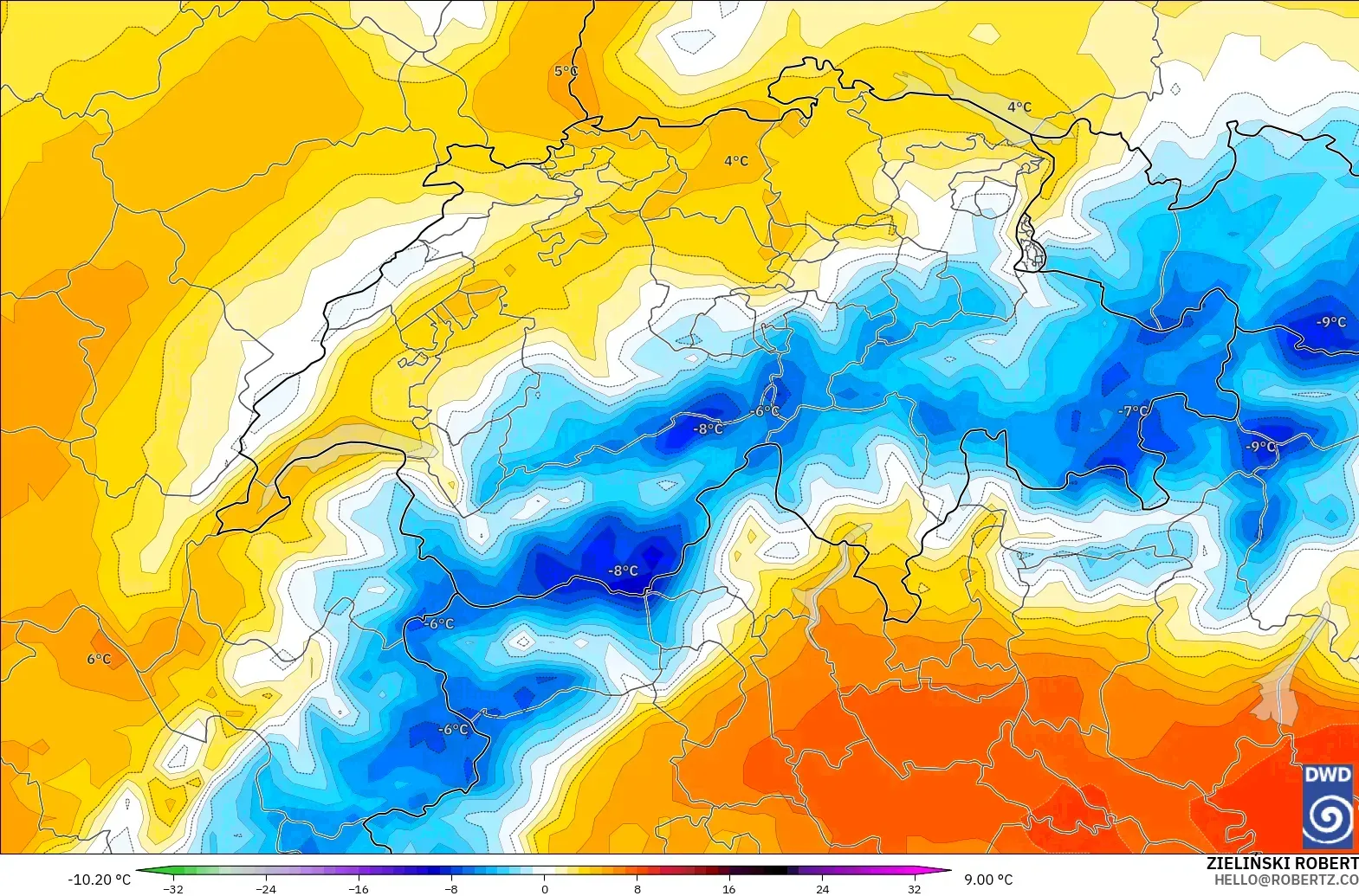 ICON modelo - Switzerland, Temperature at 850hPa Anomaly