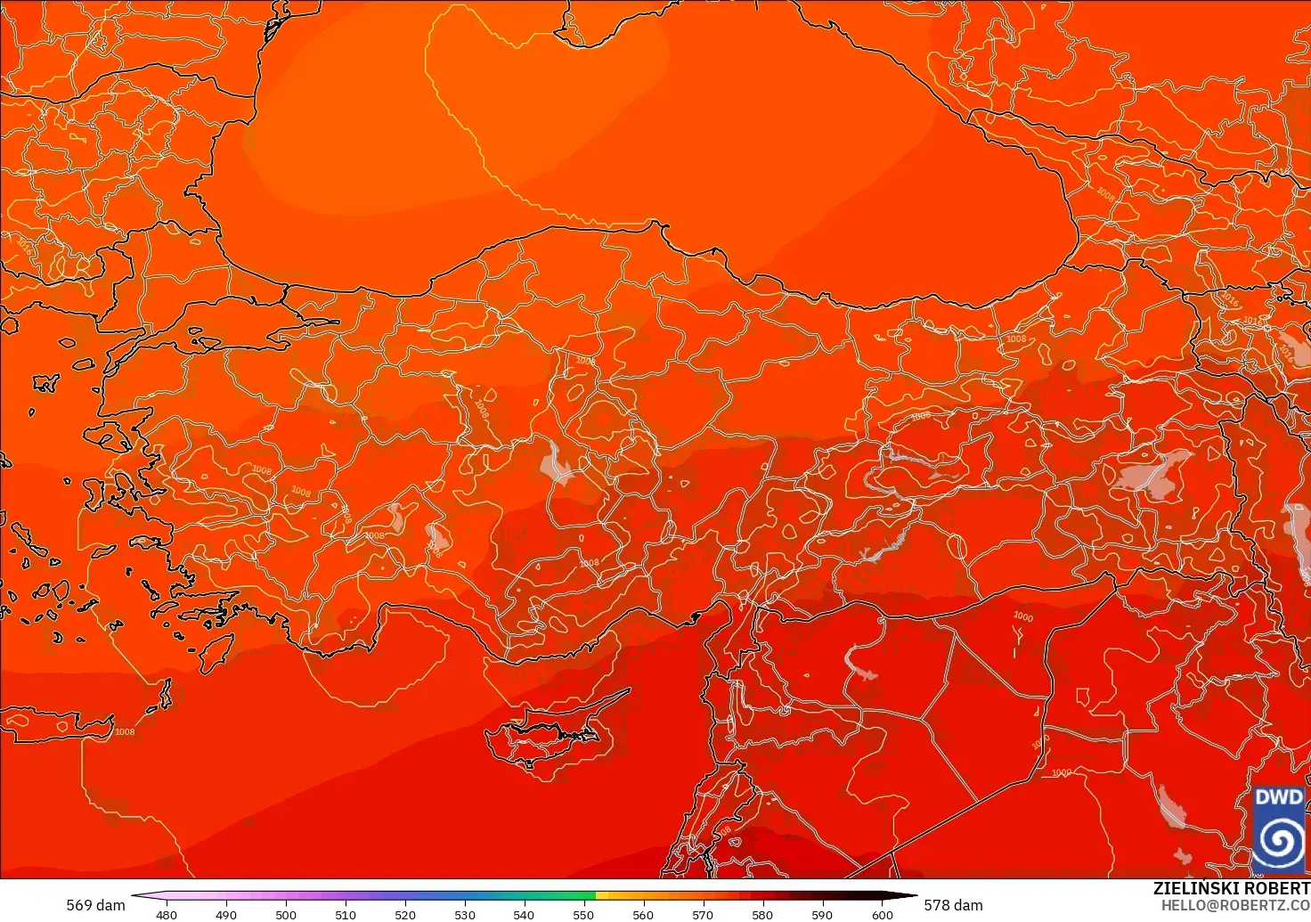 ICON modelo - Turkey, Geopotential height at 500hPa